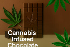 Cannabis Infused Chocolate bar with cannabis leaves – premium edible offering wellness and relaxation benefits.