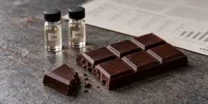CBG vs CBD comparison featuring labeled cannabinoid extracts beside a dark chocolate bar, illustrating their differences and potential roles in functional cannabis edibles.