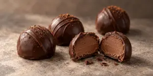 Chocolate edibles featuring filled chocolate truffles with smooth centers and rich chocolate shells, highlighting differences in flavor, texture, and product design beyond traditional bars.